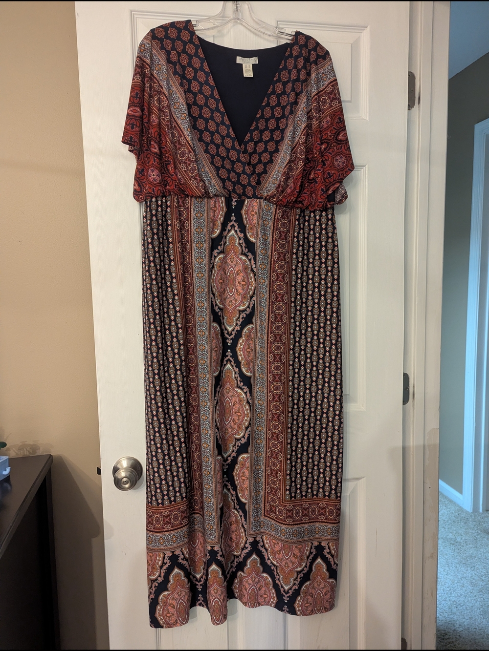 Bohemian V-Neck Maxi Dress in Navy and Rust Women's 1X